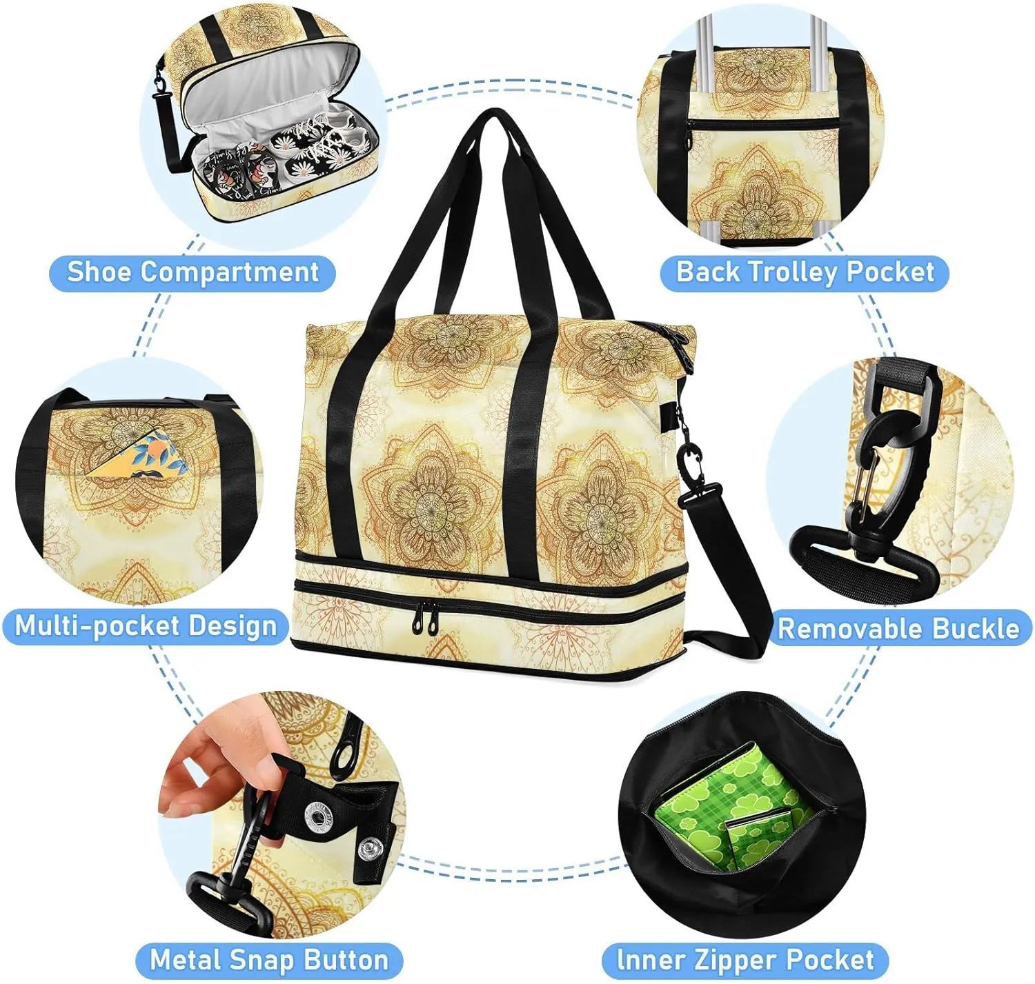 Hand Drawn Gold Ethnic Circular Beige Ornament Flower Gym Duffel Bag, Polyester Travel Weekender Luggage Handbag with Waterproof Pocket for Wet Items, Unisex Foldable Tote for Sports