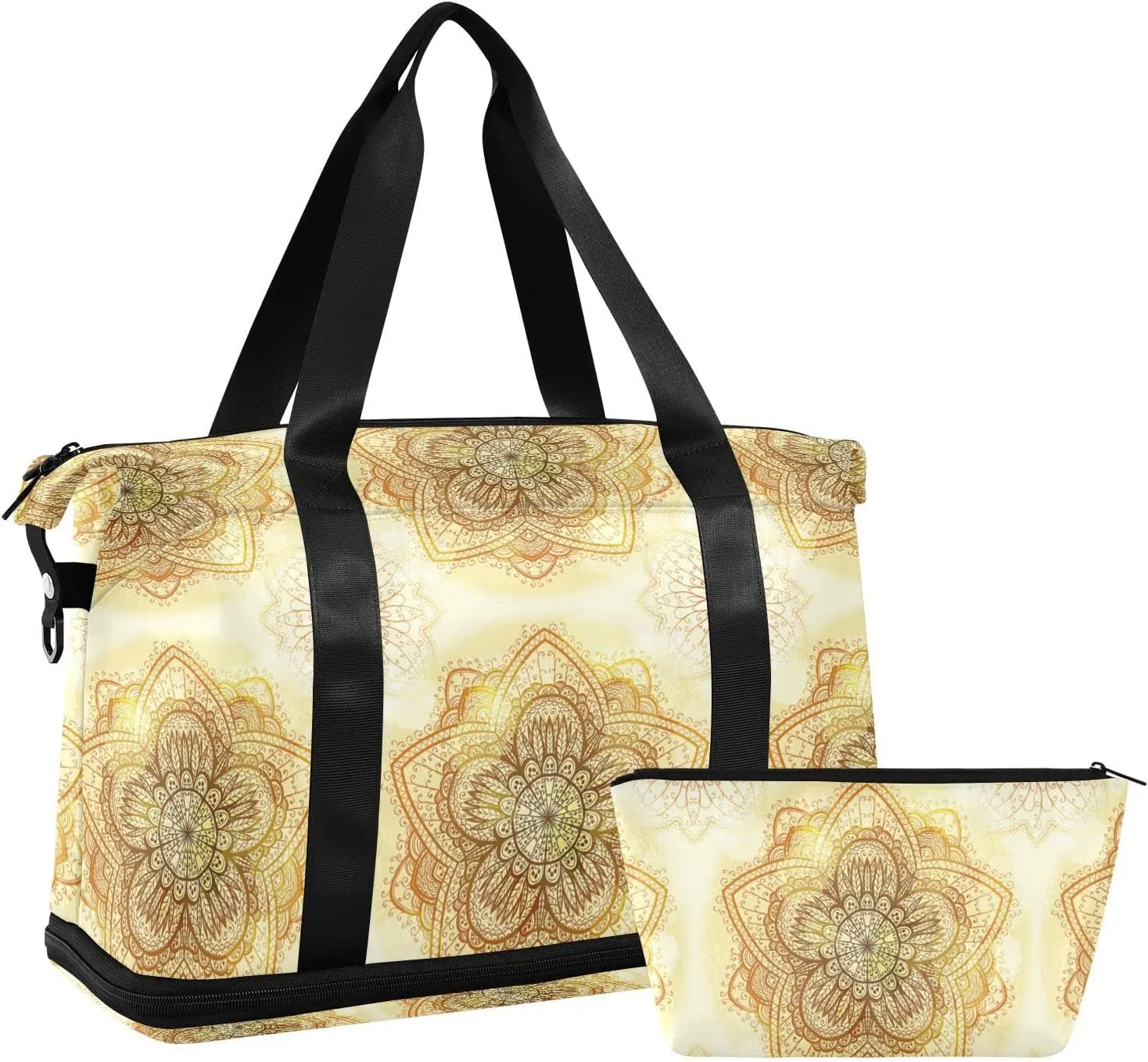 Hand Drawn Gold Ethnic Circular Beige Ornament Flower Gym Duffel Bag, Polyester Travel Weekender Luggage Handbag with Waterproof Pocket for Wet Items, Unisex Foldable Tote for Sports