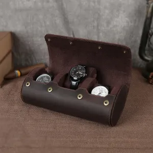 Handmade Vintage Snap Genuine Leather Men’s 3-Slot Watch Case
