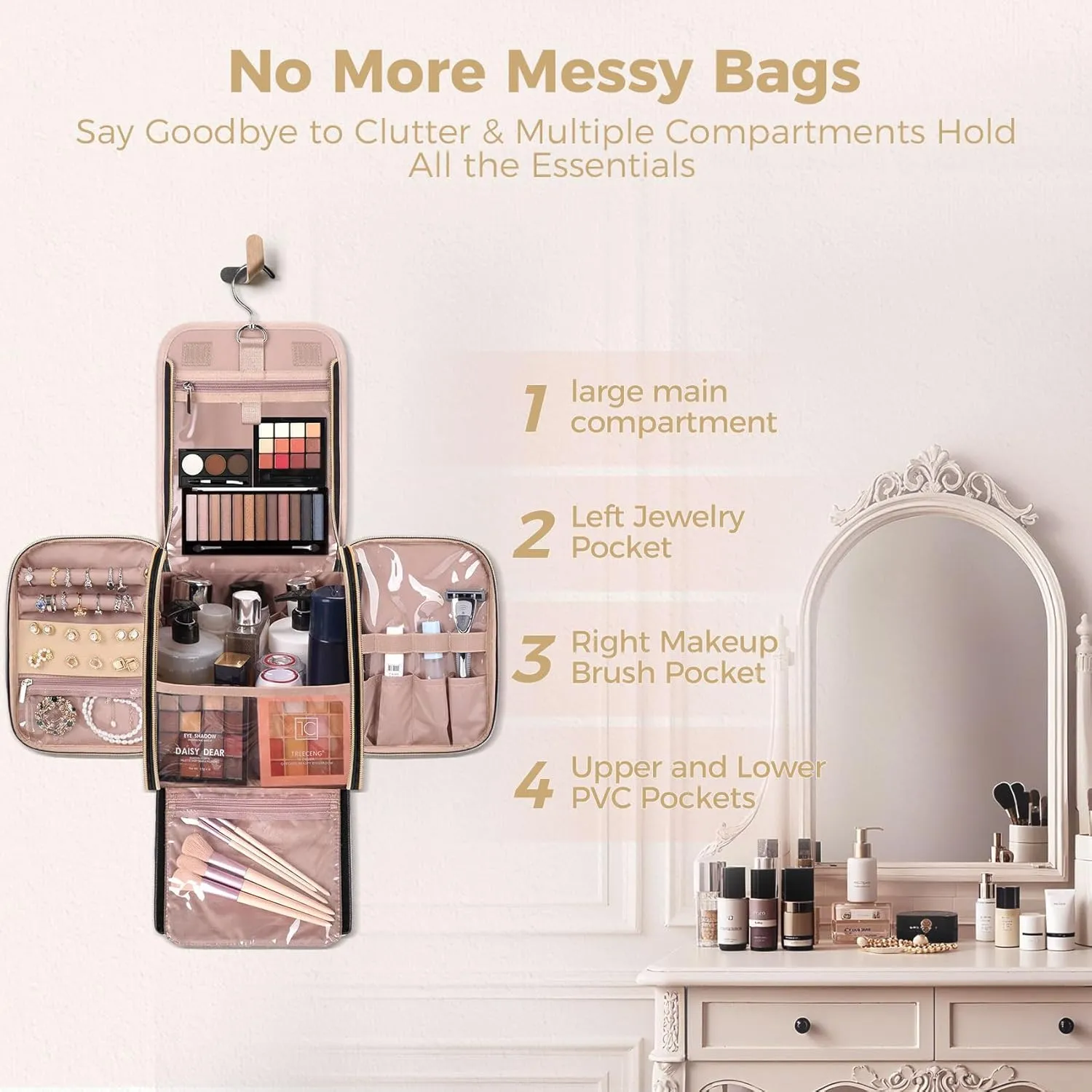 Hanging Toiletry Bag & Makeup Bag for Women with Jewelry Organizer - TSA Approved Large Capacity Travel Cosmetic Organizer, Waterproof Shower Essentials Case with Transparent Pockets, Pink
