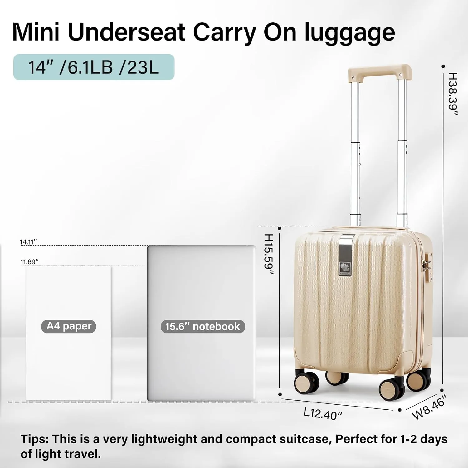 Hanke 14 Inch Underseat Carry On Luggage with Wheels Hard Shell Suitcases Carry On Bag Lightweight Small Mini Suitcase Travel Luggage for Travel Christmas Gifts for Birthday（Cuba Sand）