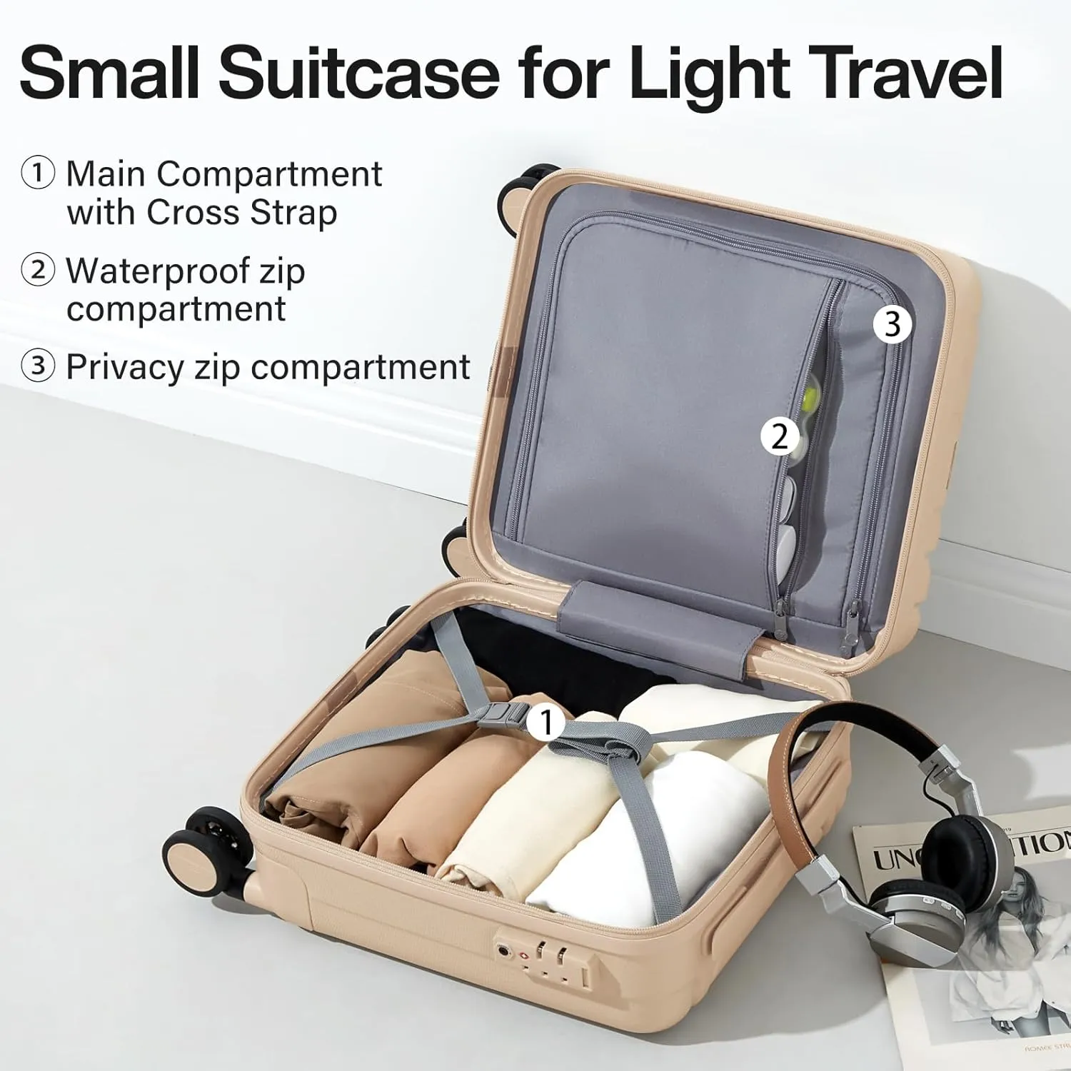 Hanke 14 Inch Underseat Carry On Luggage with Wheels Hard Shell Suitcases Carry On Bag Lightweight Small Mini Suitcase Travel Luggage for Travel Christmas Gifts for Birthday（Cuba Sand）