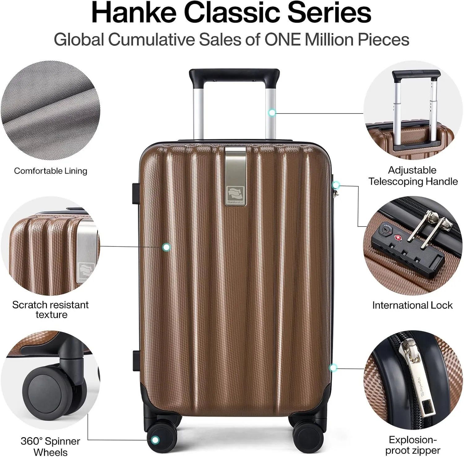 Hanke 20 Inch Carry On Luggage 22x14x9 Airline Approved Lightweight PC Hard Shell Suitcases with Wheels Travel Luggage Rolling Suitcase Travel Luggage Bag Christmas Gifts for Birthday （Brown）
