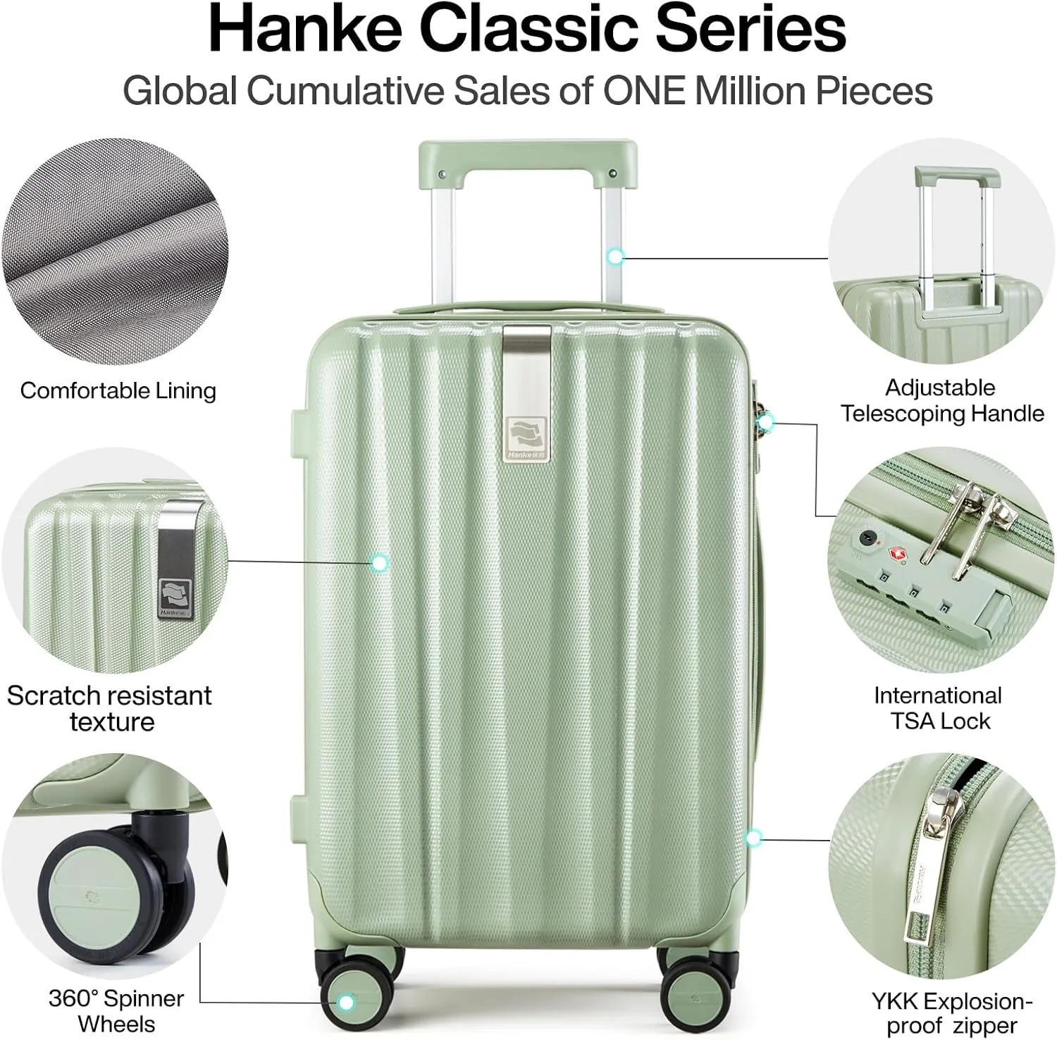 Hanke 20 Inch Carry On Luggage 22x14x9 Airline Approved Lightweight PC Hard Shell Suitcases with Wheels Travel Luggage Rolling Suitcase Travel Luggage Bag for Weekender(Bamboo Green)