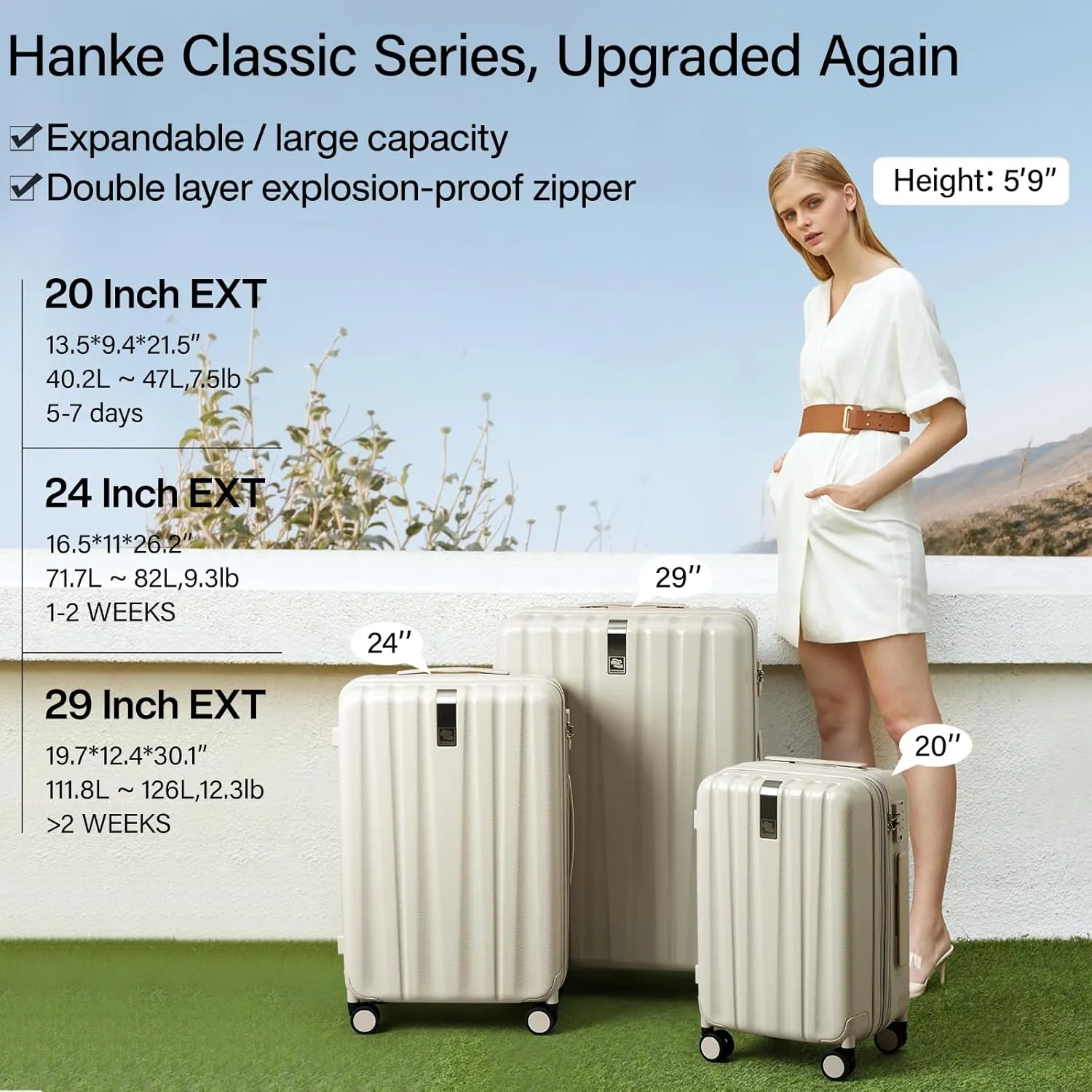 Hanke 20 Inch Expandable Carry on Luggage 22x14x9 Airline Approved Lightweight PC Hard Shell Suitcases with Wheels Travel Luggage Rolling Suitcase Travel Luggage Bag for Weekender(Ivory White)