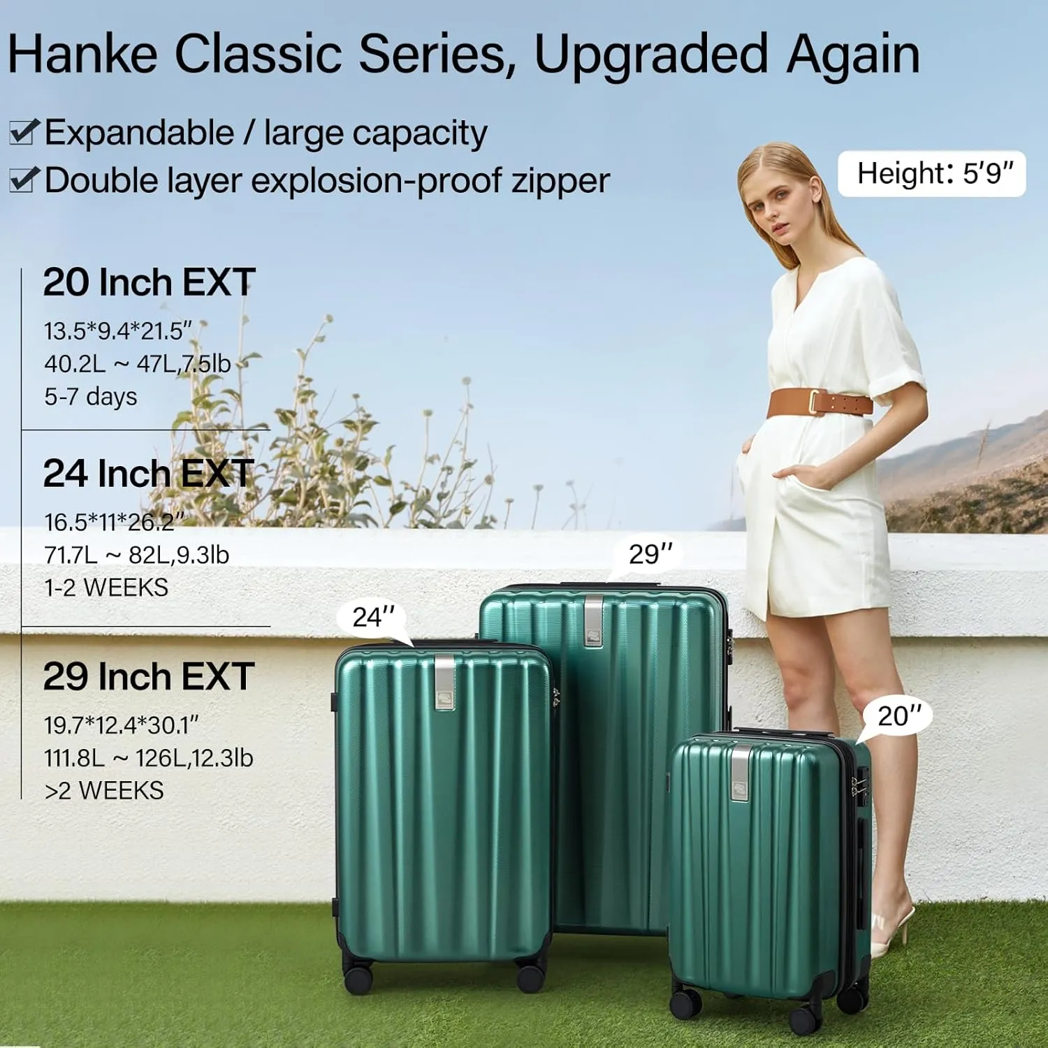Hanke 29 Inch Expandable Checked Luggage Lightweight PC Hard Shell Luggage Suitcases with Wheels Travel Luggage Rolling Large Suitcase Travel Luggage Bag for Study Abroad.(Blackish Green)
