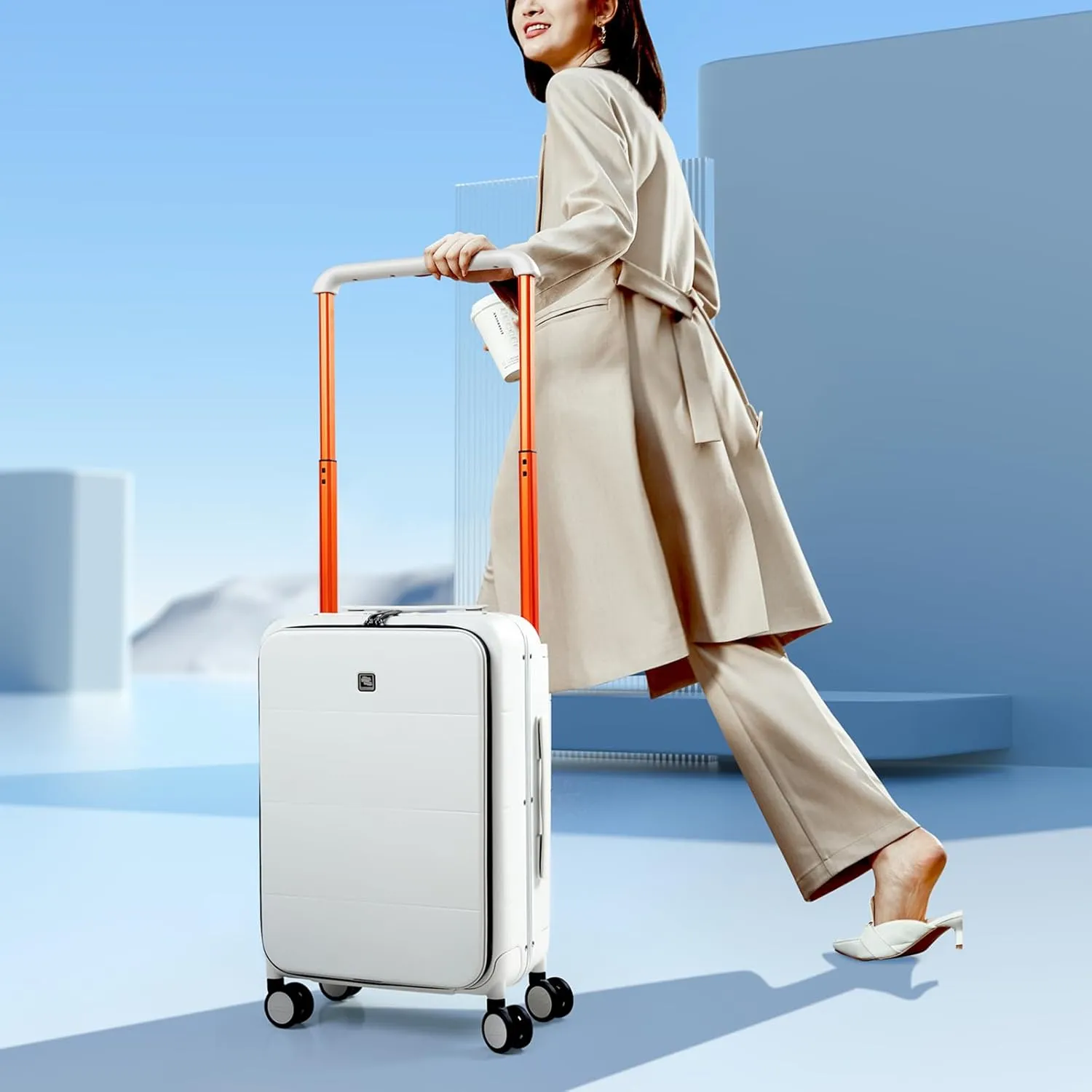 Hanke Top Open 20 Inch Carry On Luggage Hard Shell Suitcases with Wheels TSA Luggage Wide Handle Carry-On Luggage Aluminum Carry On Bag for Travel Rolling Luggage(Smoke White)