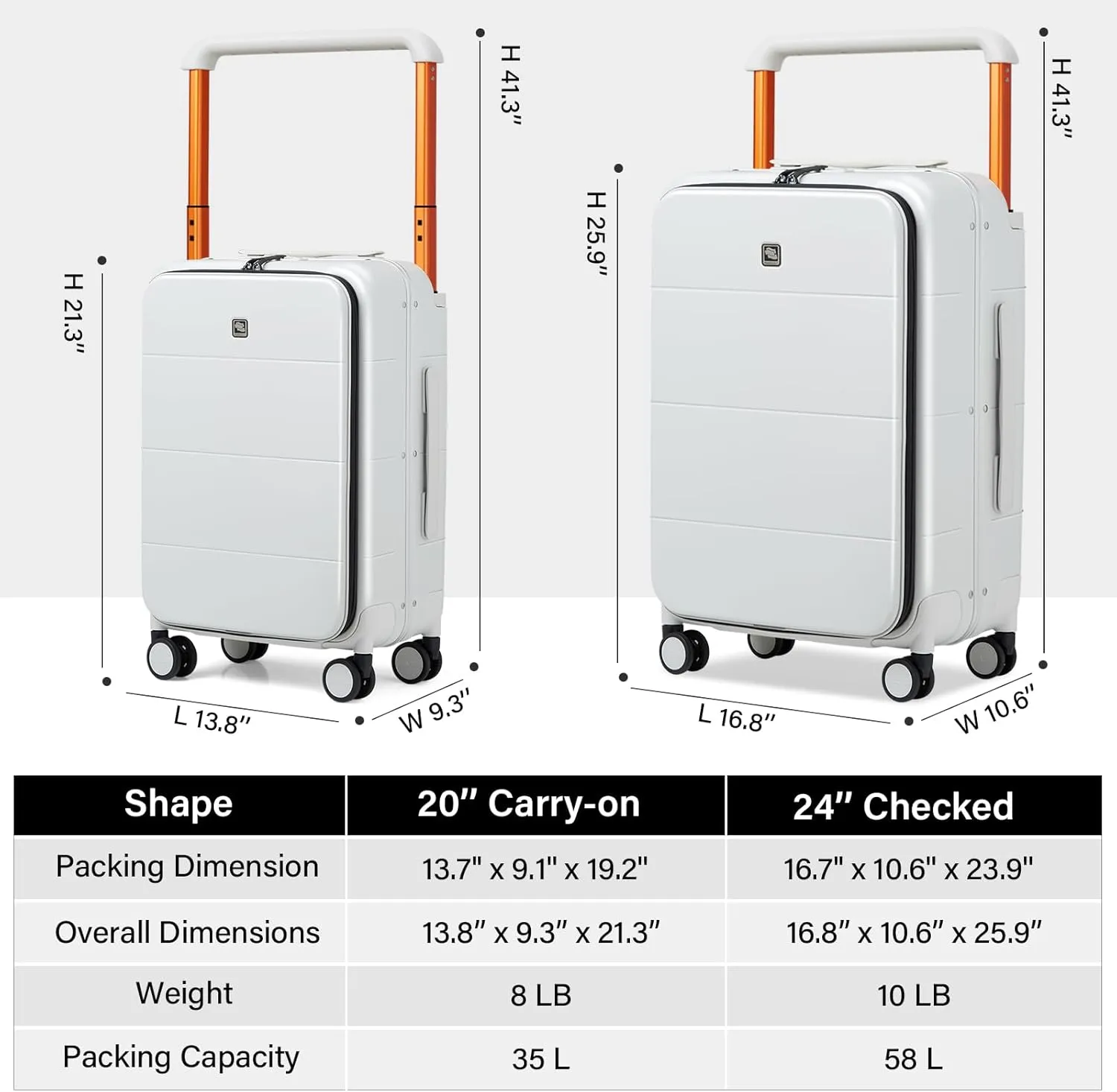 Hanke Top Open 20 Inch Carry On Luggage Hard Shell Suitcases with Wheels TSA Luggage Wide Handle Carry-On Luggage Aluminum Carry On Bag for Travel Rolling Luggage(Smoke White)