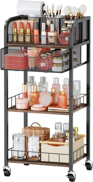 HapiRm Makeup Organizer Storage Cart - 4 Tier Skincare Make Up Storage with Drawer, Rolling Makeup Cart Vanity Organizer Cosmetics Display Cases Holder for Skin Care Perfume Nail Polish Brush