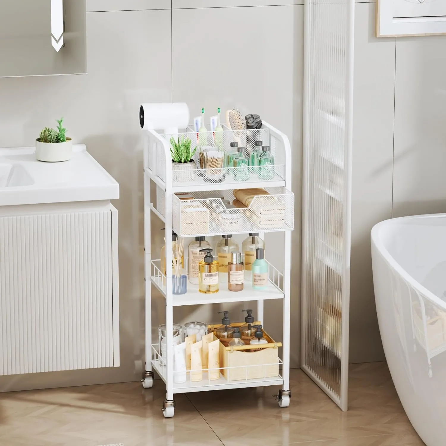 HapiRm Makeup Organizer Storage Cart - 4 Tier Skincare Make Up Storage with Drawer, Rolling Makeup Cart Vanity Organizer Cosmetics Display Cases Holder for Skin Care Perfume Nail Polish Brush