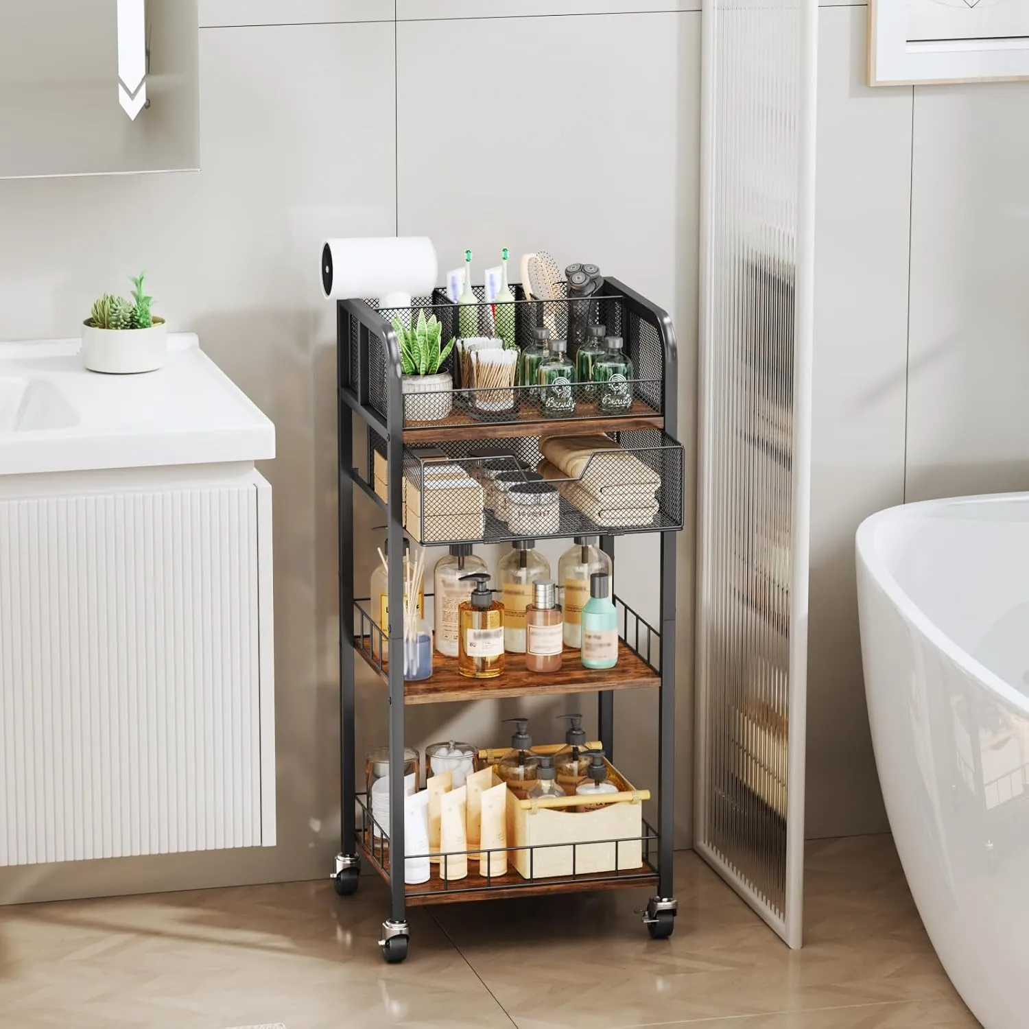 HapiRm Makeup Organizer Storage Cart - 4 Tier Skincare Make Up Storage with Drawer, Rolling Makeup Cart Vanity Organizer Cosmetics Display Cases Holder for Skin Care Perfume Nail Polish Brush