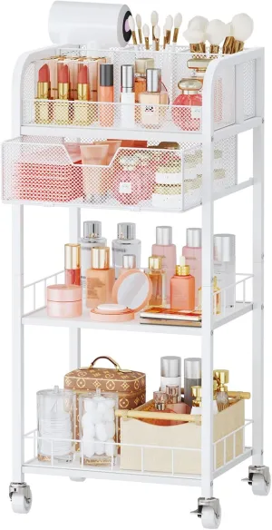 HapiRm Makeup Organizer Storage Cart - 4 Tier Skincare Make Up Storage with Drawer, Rolling Makeup Cart Vanity Organizer Cosmetics Display Cases Holder for Skin Care Perfume Nail Polish Brush
