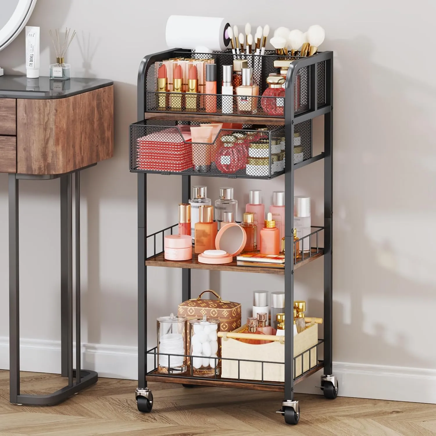 HapiRm Makeup Organizer Storage Cart - 4 Tier Skincare Make Up Storage with Drawer, Rolling Makeup Cart Vanity Organizer Cosmetics Display Cases Holder for Skin Care Perfume Nail Polish Brush