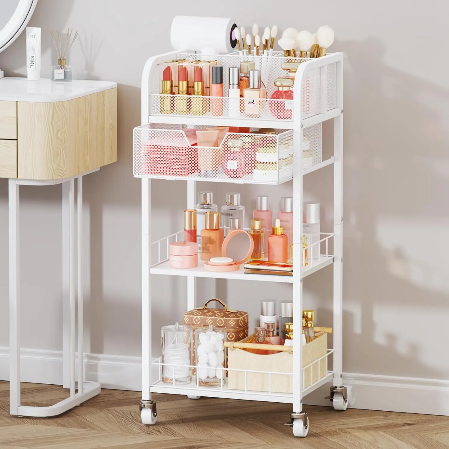 HapiRm Makeup Organizer Storage Cart - 4 Tier Skincare Make Up Storage with Drawer, Rolling Makeup Cart Vanity Organizer Cosmetics Display Cases Holder for Skin Care Perfume Nail Polish Brush