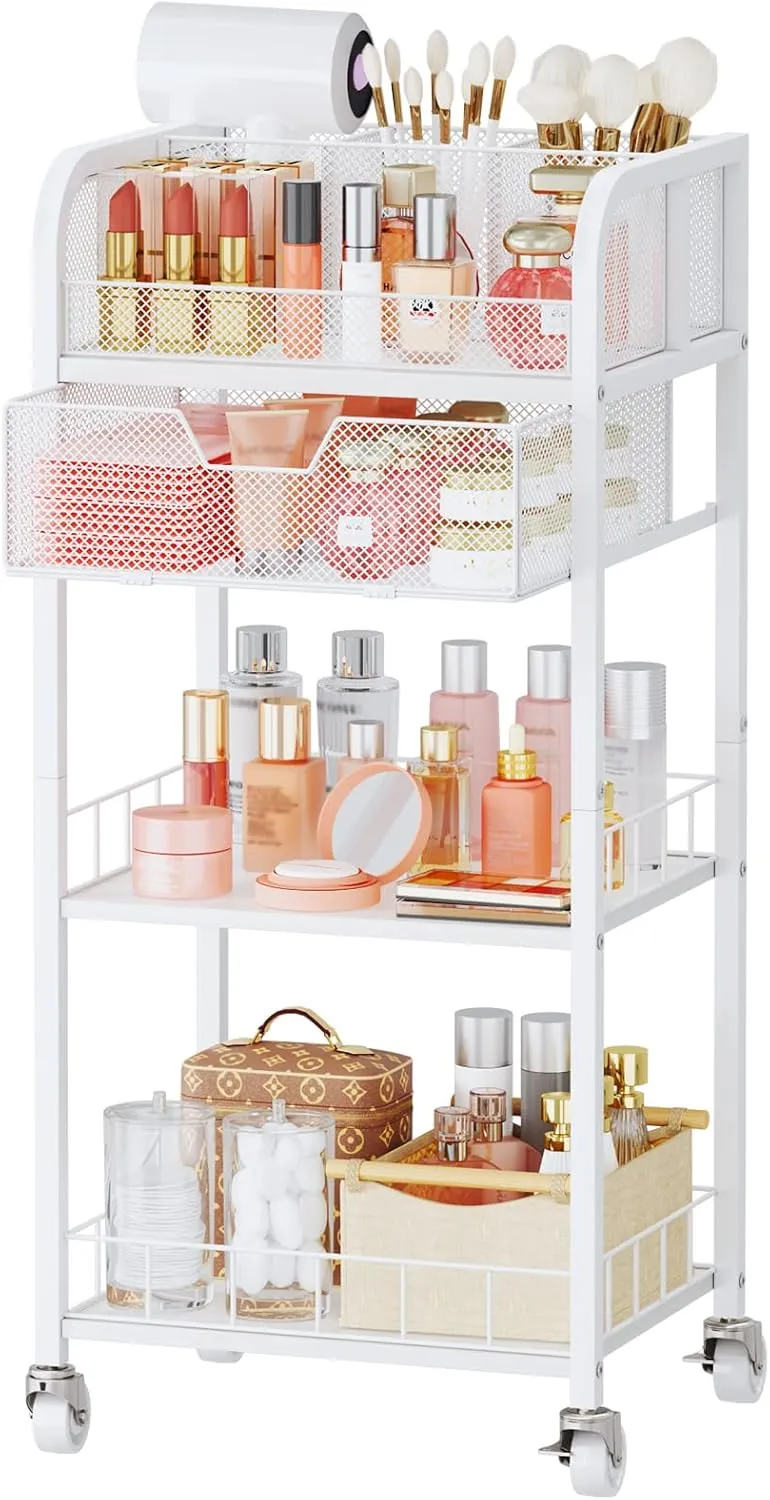 HapiRm Makeup Organizer Storage Cart - 4 Tier Skincare Make Up Storage with Drawer, Rolling Makeup Cart Vanity Organizer Cosmetics Display Cases Holder for Skin Care Perfume Nail Polish Brush