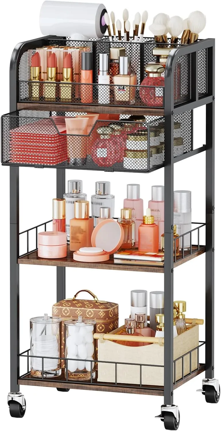 HapiRm Makeup Organizer Storage Cart - 4 Tier Skincare Make Up Storage with Drawer, Rolling Makeup Cart Vanity Organizer Cosmetics Display Cases Holder for Skin Care Perfume Nail Polish Brush