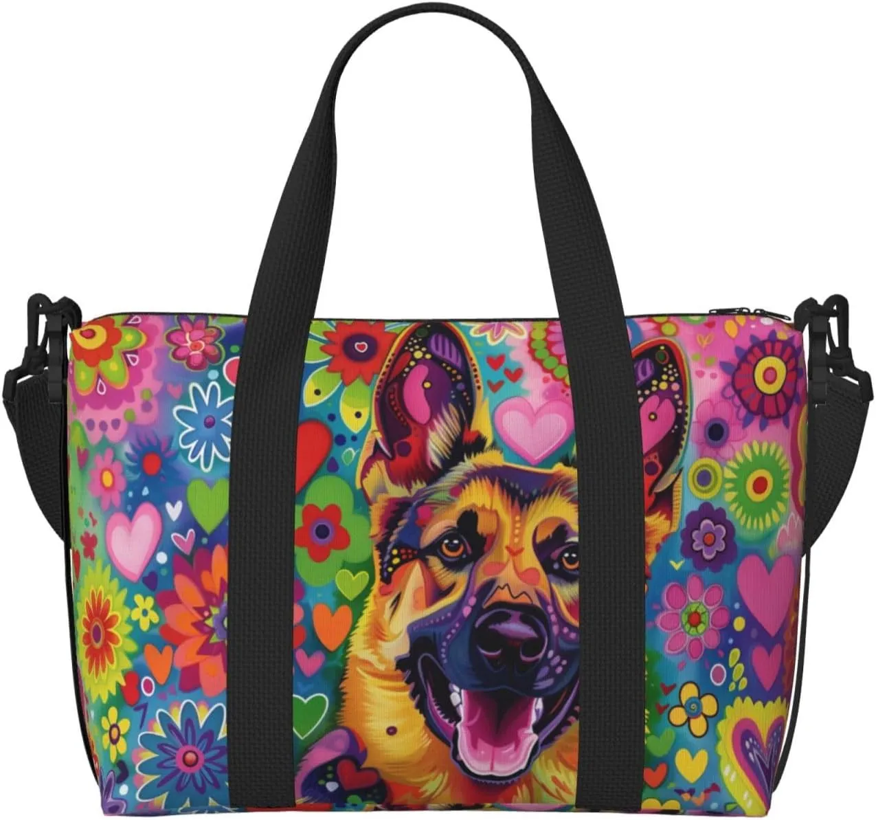 happy German Shepherd print Travel Duffel Bag, Sports Tote Gym Bag, Swim Pool Bag Large Shoulder Tote Bag for Beach Weekender, 202-406-121