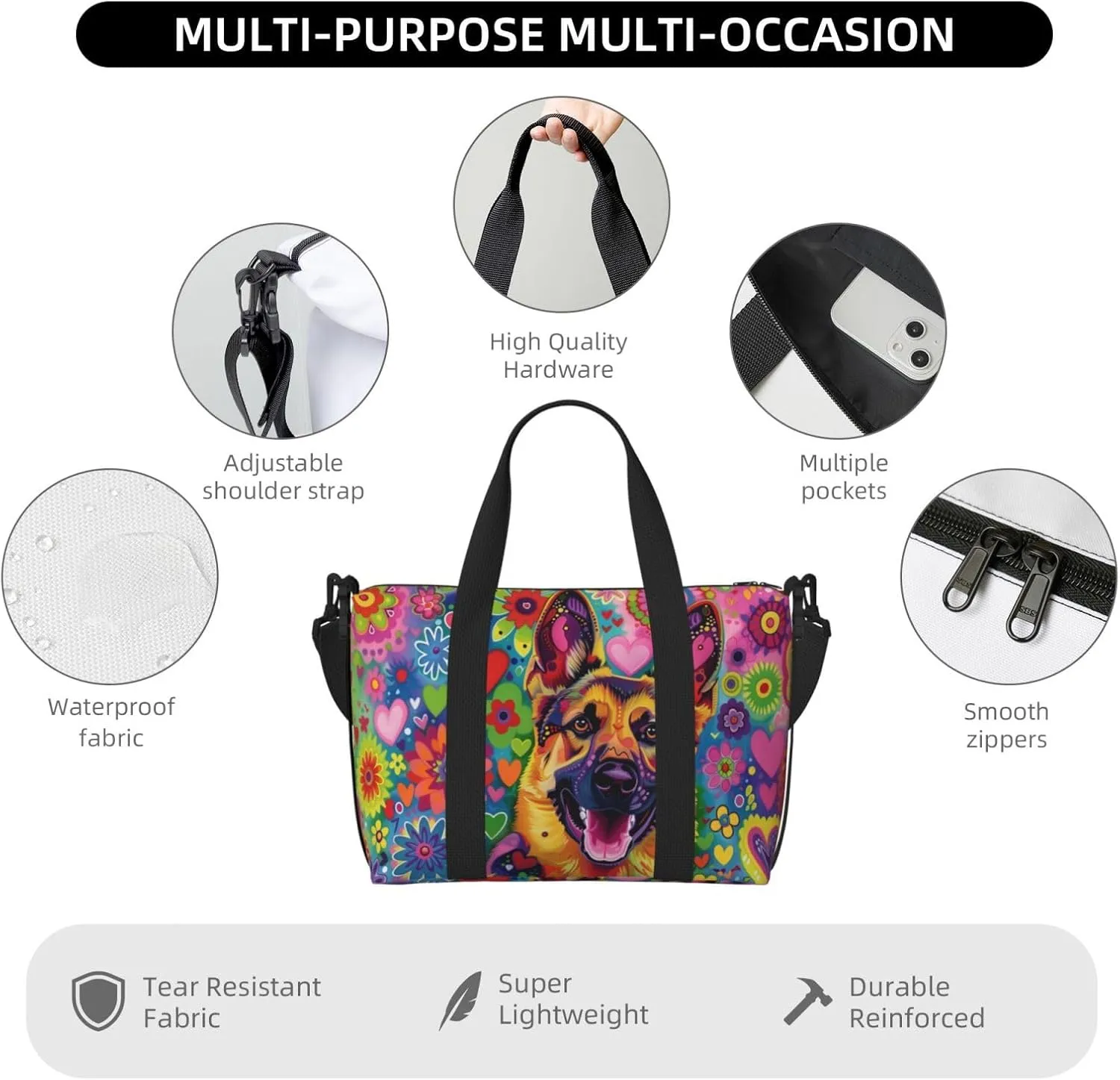 happy German Shepherd print Travel Duffel Bag, Sports Tote Gym Bag, Swim Pool Bag Large Shoulder Tote Bag for Beach Weekender, 202-406-121