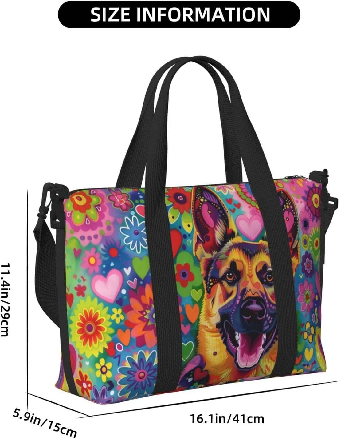 happy German Shepherd print Travel Duffel Bag, Sports Tote Gym Bag, Swim Pool Bag Large Shoulder Tote Bag for Beach Weekender, 202-406-121