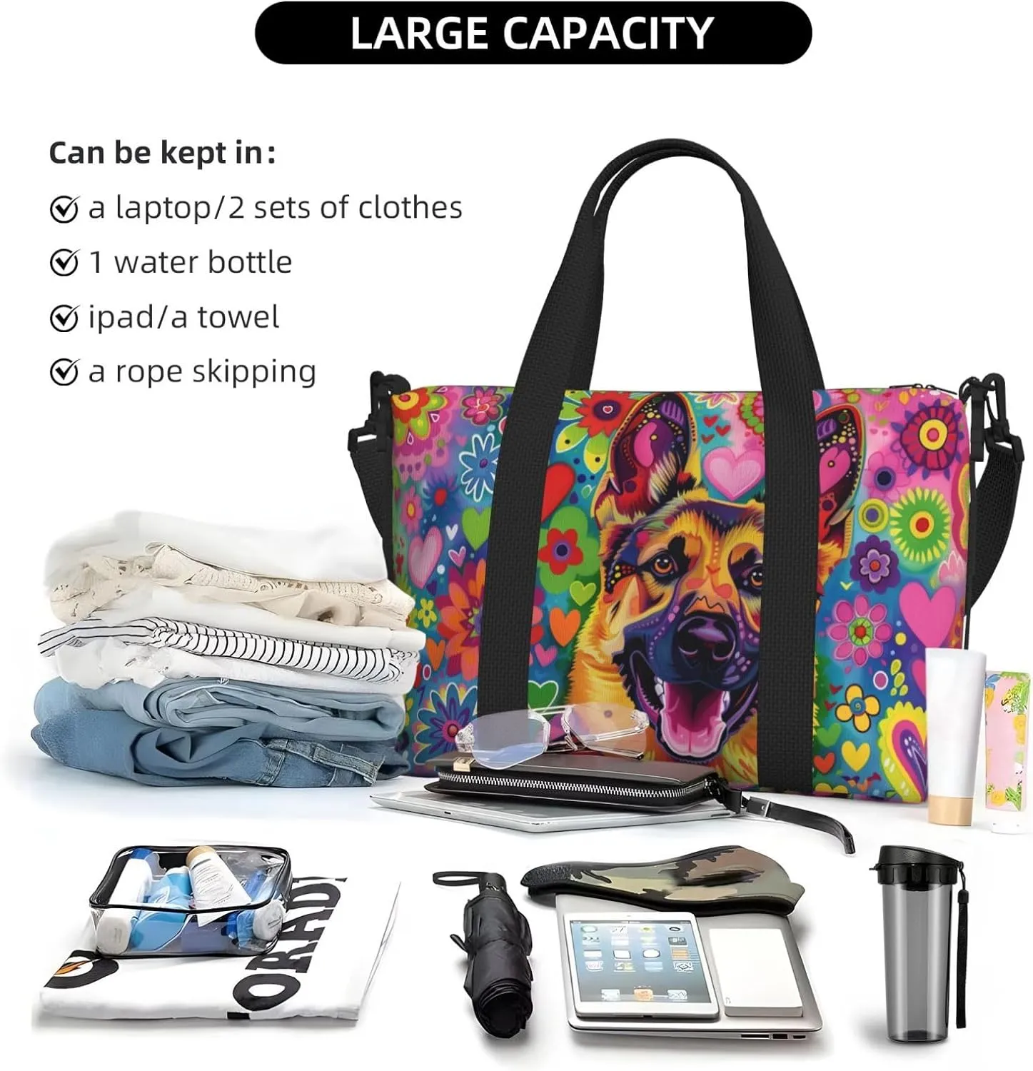 happy German Shepherd print Travel Duffel Bag, Sports Tote Gym Bag, Swim Pool Bag Large Shoulder Tote Bag for Beach Weekender, 202-406-121