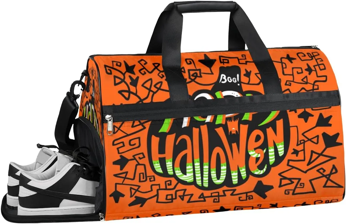 Happy Halloween Topic Sports Gym Bag for Women Men Travel Duffel Bag with Wet Pocket & Shoes Compartment Waterproof Weekender Overnight Tote Carry on Bag Lightweight