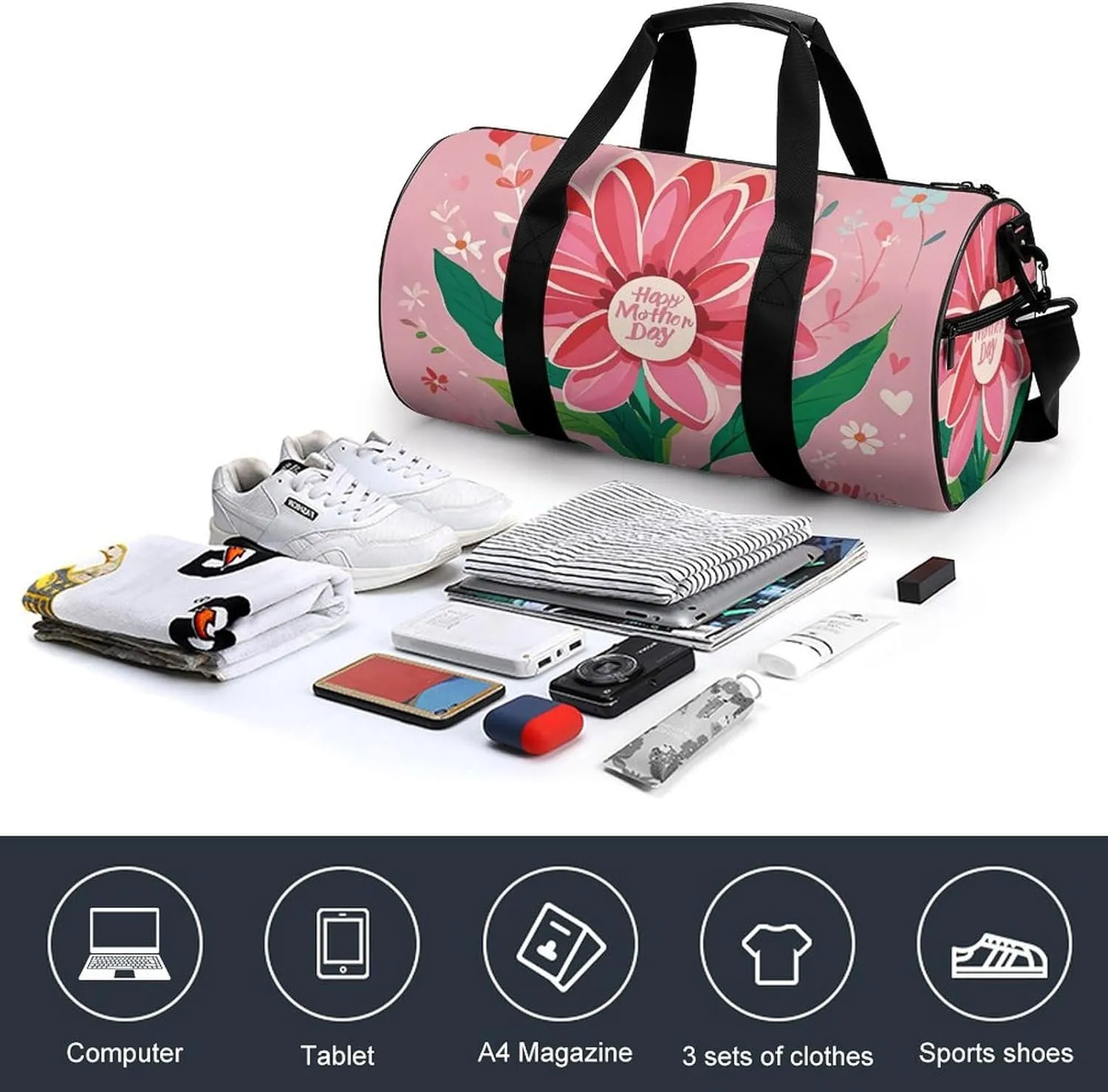 Happy Mother Day Gym Bag Small Travel Duffle Bag with Compartment Carry On Weekender Bag for Women Men