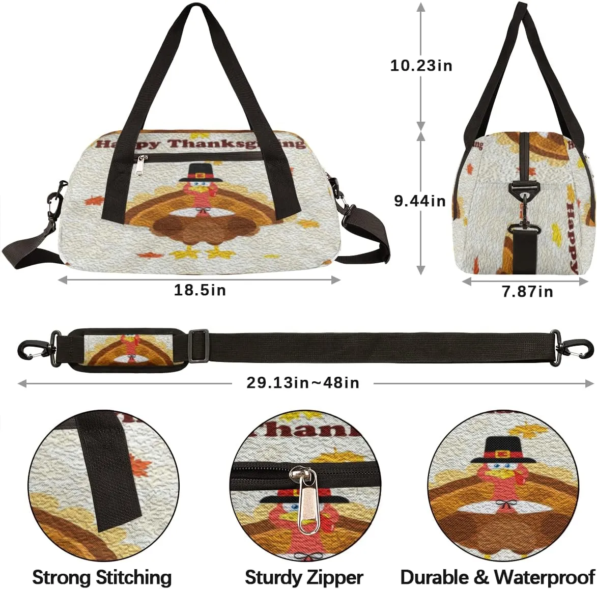 Happy Thanksgiving Pattern Kids Duffel Bag for Girls Boys Teens, Turkey Oil Painting Dance Bag Overnight Small Duffel Bag Carry On Weekend Sports Gym Travel Bag for School Practice Gymnastics Ballet