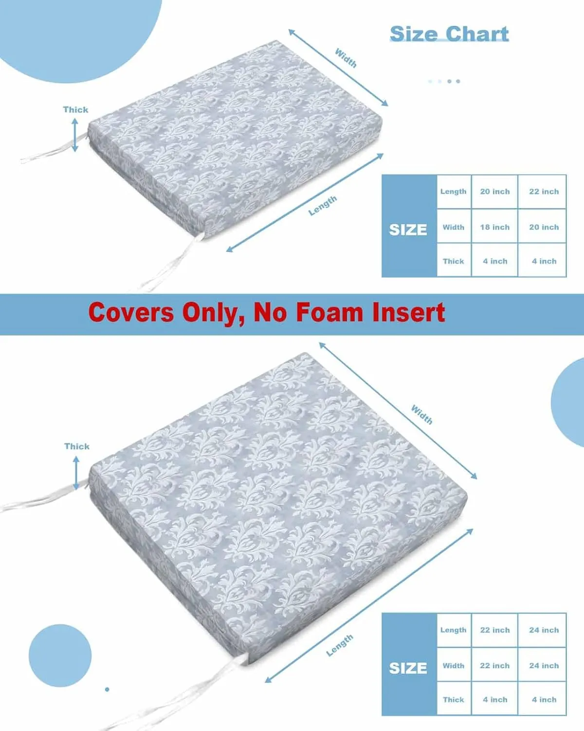 Haze Blue Boho Outdoor Cushion Chair Cover Set of 4 - Waterproof Couch Seat Covers, Neutral Middle Century Turkish Pattern Patio Furniture Protector Cushions Slipcovers for Sofa/RV, 22"x22"x4"