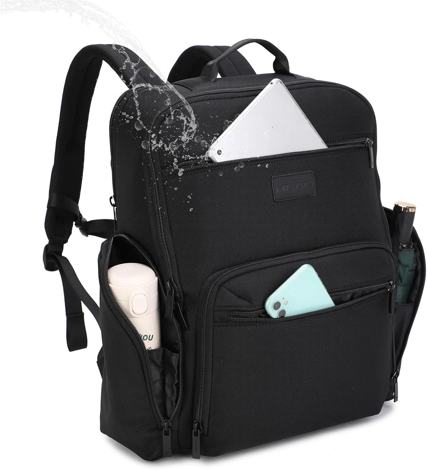 HEAD Large Laptop Backpack for Men with Trolley Sleeve, Travel Backpacks fits 17.3 inch Laptop, Waterproof Business Laptop Bags for Work/Commute/College/Daily, Black