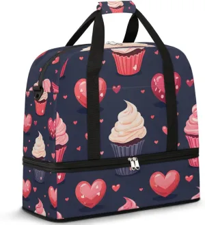 Heart Cupcakes Travel Duffel Bag for Women Men Weekender Overnight Bag with Shoe Compartment Foldable Sports Gym Luggage Bag