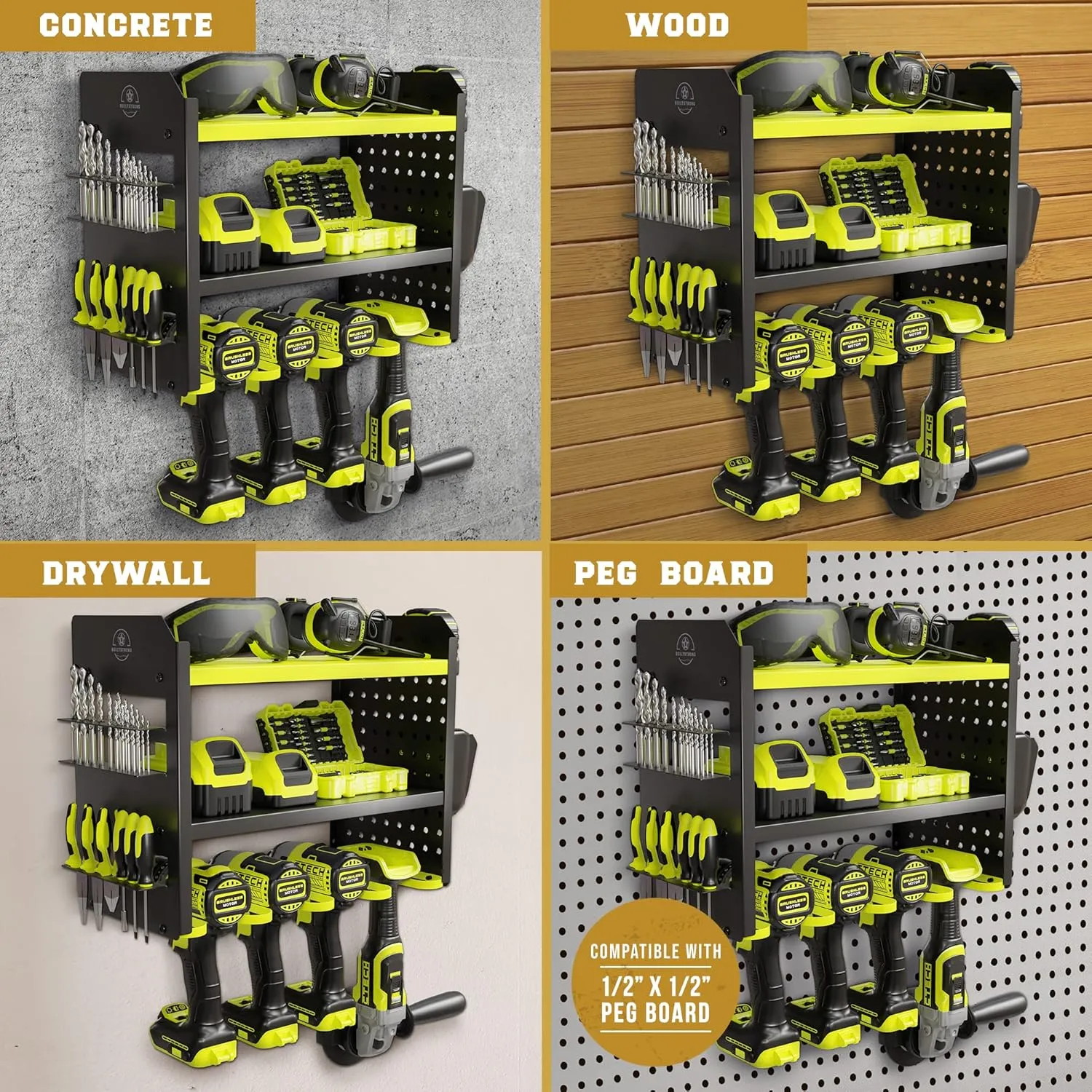 Heavy-Duty Metal Tool Storage Rack - 3-Tier Wall Mount Organizer, Drill Holder, Utility Racks, PegBoard Side, Garage Storage (Green)