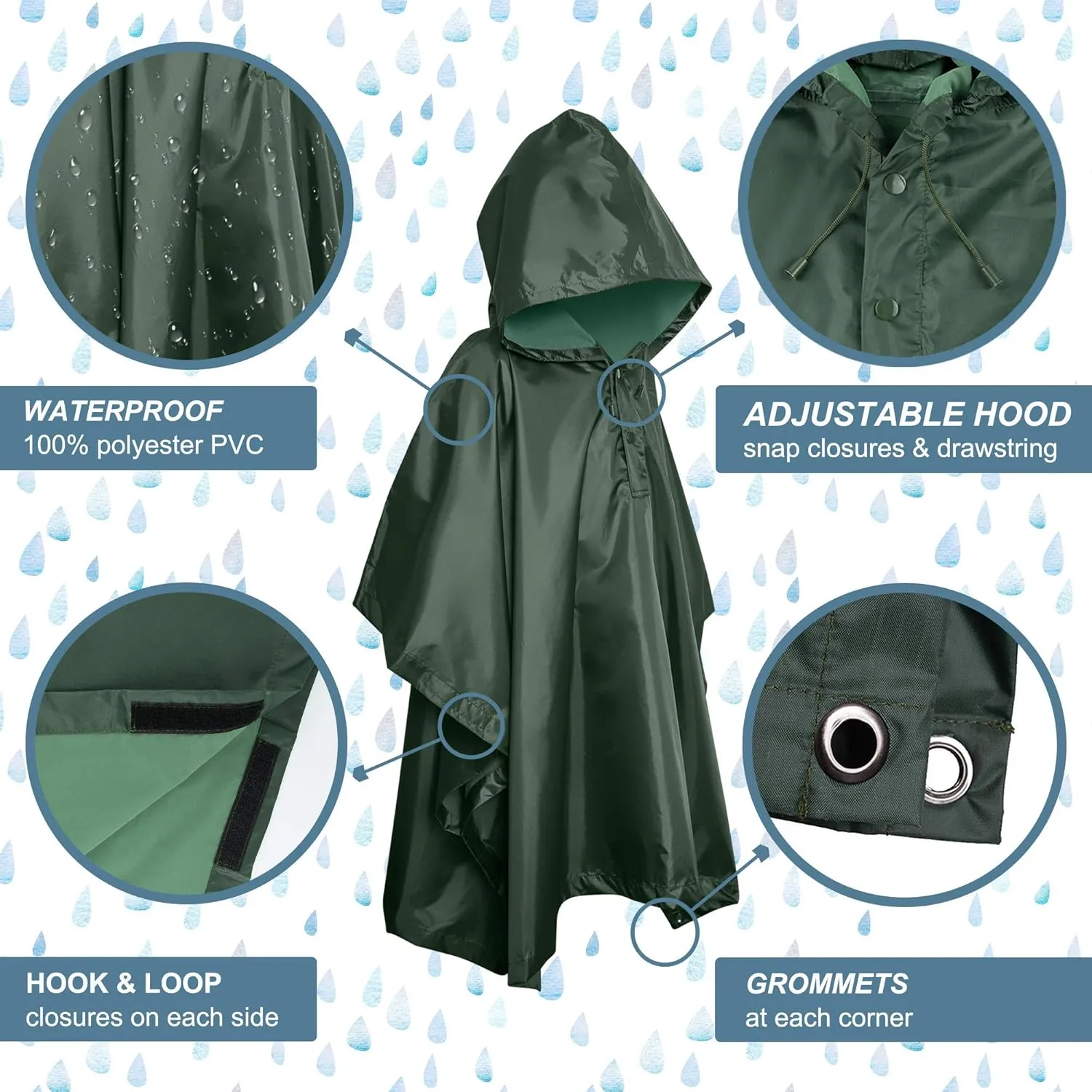 Heavy Duty Rain Poncho for Backpacking, Waterproof Lightweight for Adults, Military, Emergency, Camping, Men, Women