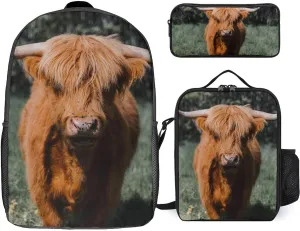 Highland Cattle Cow Grass Backpack with Lunch Box And Pencil Case Set Scottish Calf Travel Daypack Bookbag for Men Women Laptop Backpack 3pcs