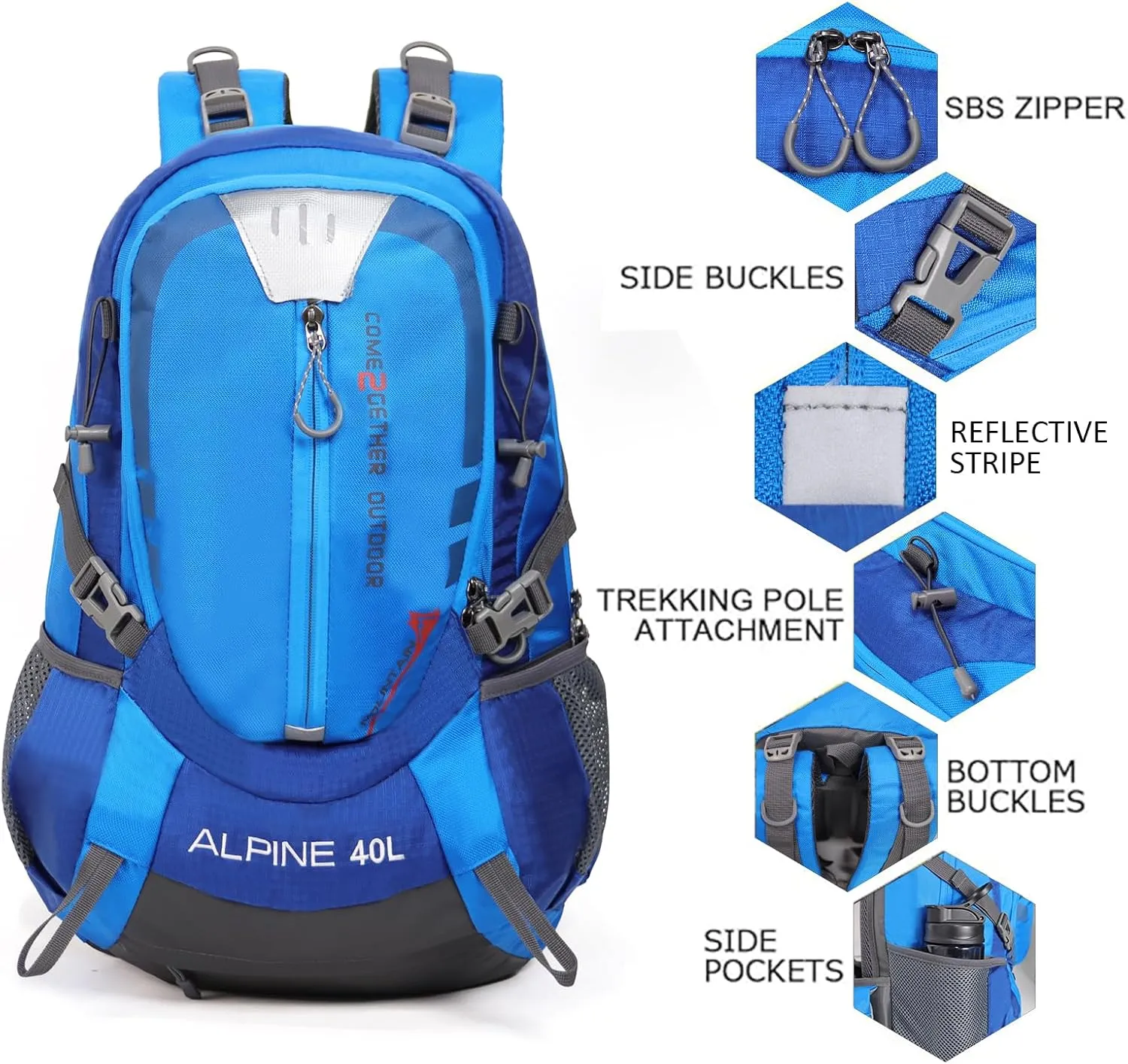 Hiking Backpack Camping 40L Outdoor Daypack Lightweight Travel Backpack with Rain Cover for Women Men (Blue)