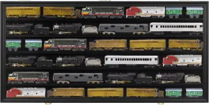 HO, N Scale Trains Toy Cars Display Case Rack Wall Cabinet Wall Shelves Compatible with Hot Wheels 1:64 ad 1:43 Scale, UV Protection- Lockable (Black Finish)