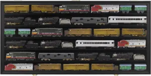 HO, N Scale Trains Toy Cars Display Case Rack Wall Cabinet Wall Shelves Compatible with Hot Wheels 1:64 ad 1:43 Scale, UV Protection- Lockable (Black Finish)