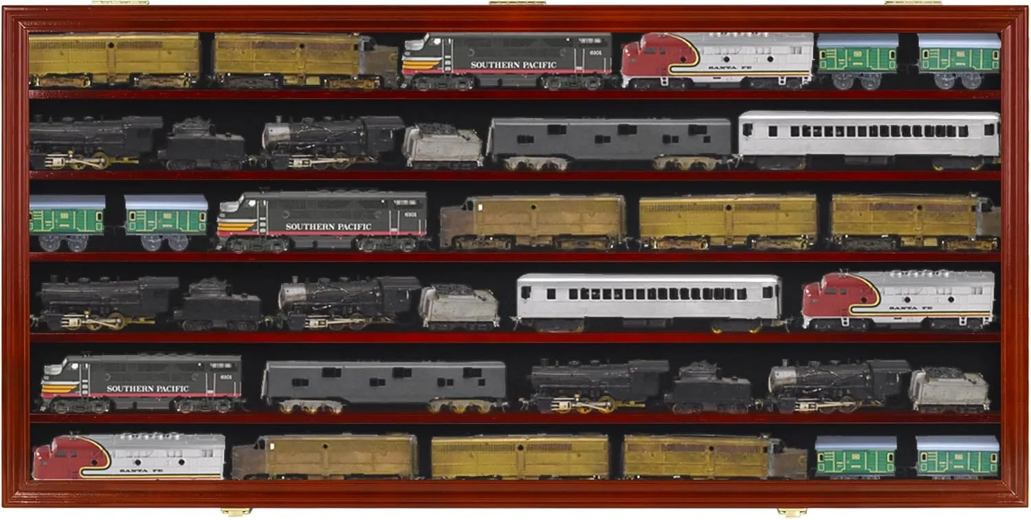 HO, N Scale Trains Toy Cars Display Case Rack Wall Cabinet Wall Shelves Compatible with Hot Wheels 1:64 ad 1:43 Scale, UV Protection- Lockable (Mahogany Finish)