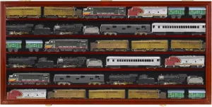 HO, N Scale Trains Toy Cars Display Case Rack Wall Cabinet Wall Shelves Compatible with Hot Wheels 1:64 ad 1:43 Scale, UV Protection- Lockable (Mahogany Finish)