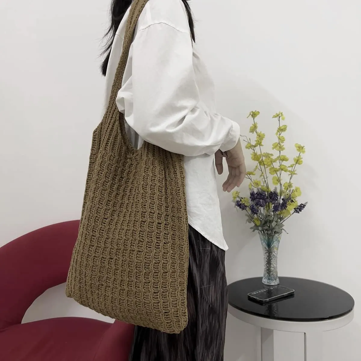 Hobo Tote Bag for Women - Contrast Color, Large Capacity, Knitted, Trendy