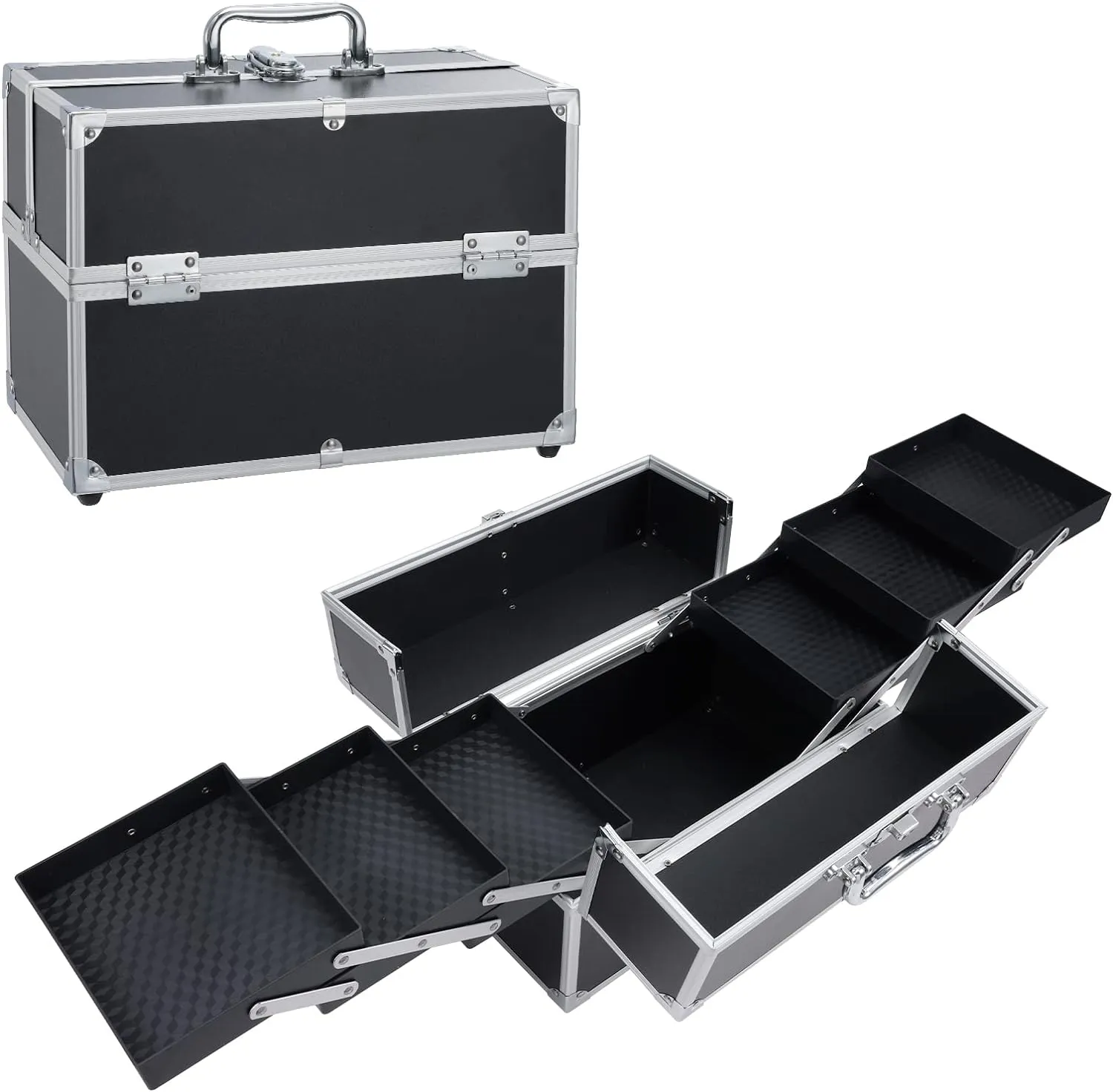 Hododou Makuep Train Case Extra Large 6 Trays Makeup Box Travel Case Professional Cosmetic Storage for Makeup Artist, Nail Tech, Hairstylists Salon Barber Case with Lockable Handle PRO Black