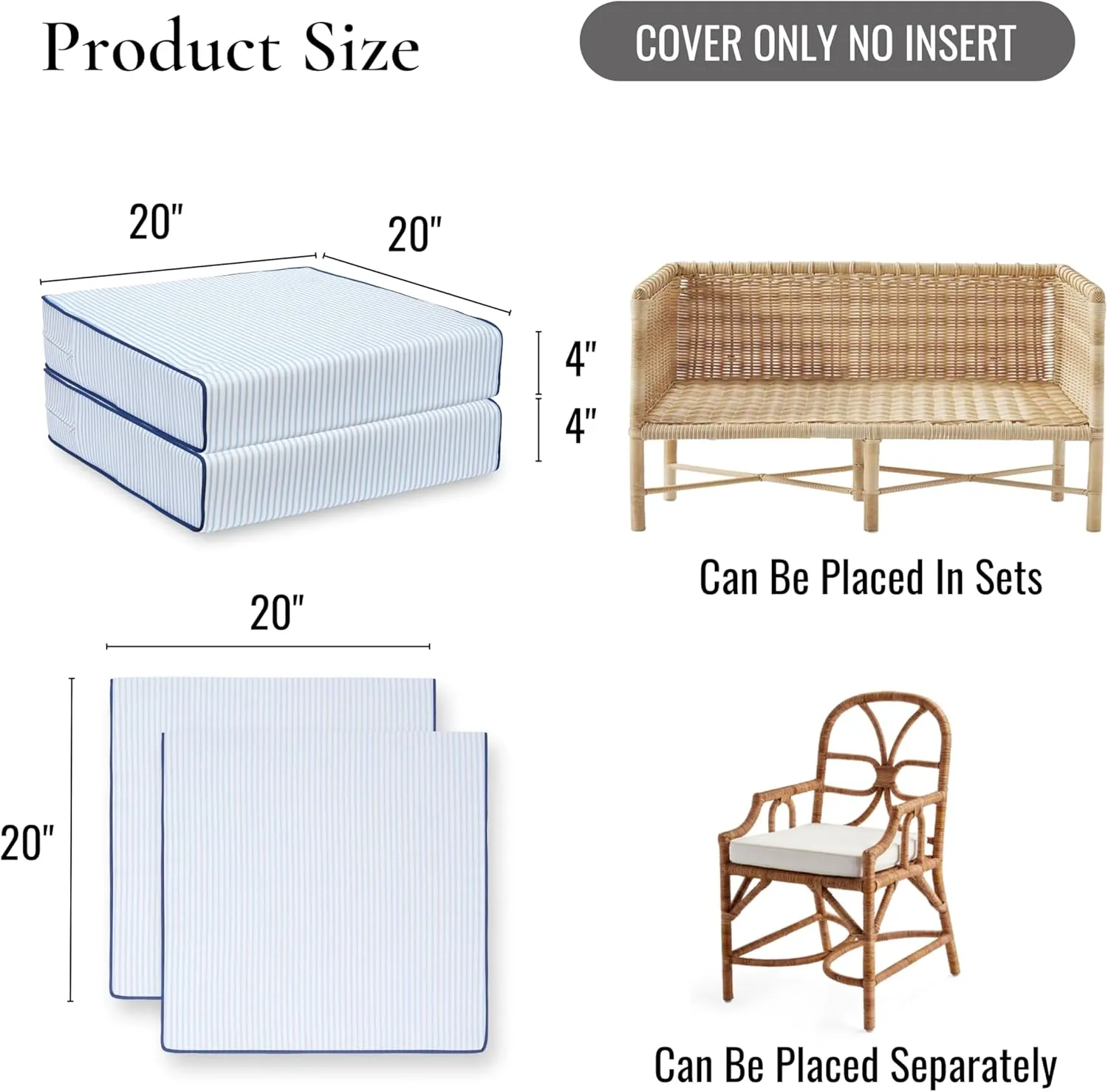 Hofdeco Premium Coastal Patio Indoor Outdoor Seat Cushion Cover Only Set of 2, 20”x20”x4” Water Repellent for Backyard, Couch, Baby Blue Print Stripes B