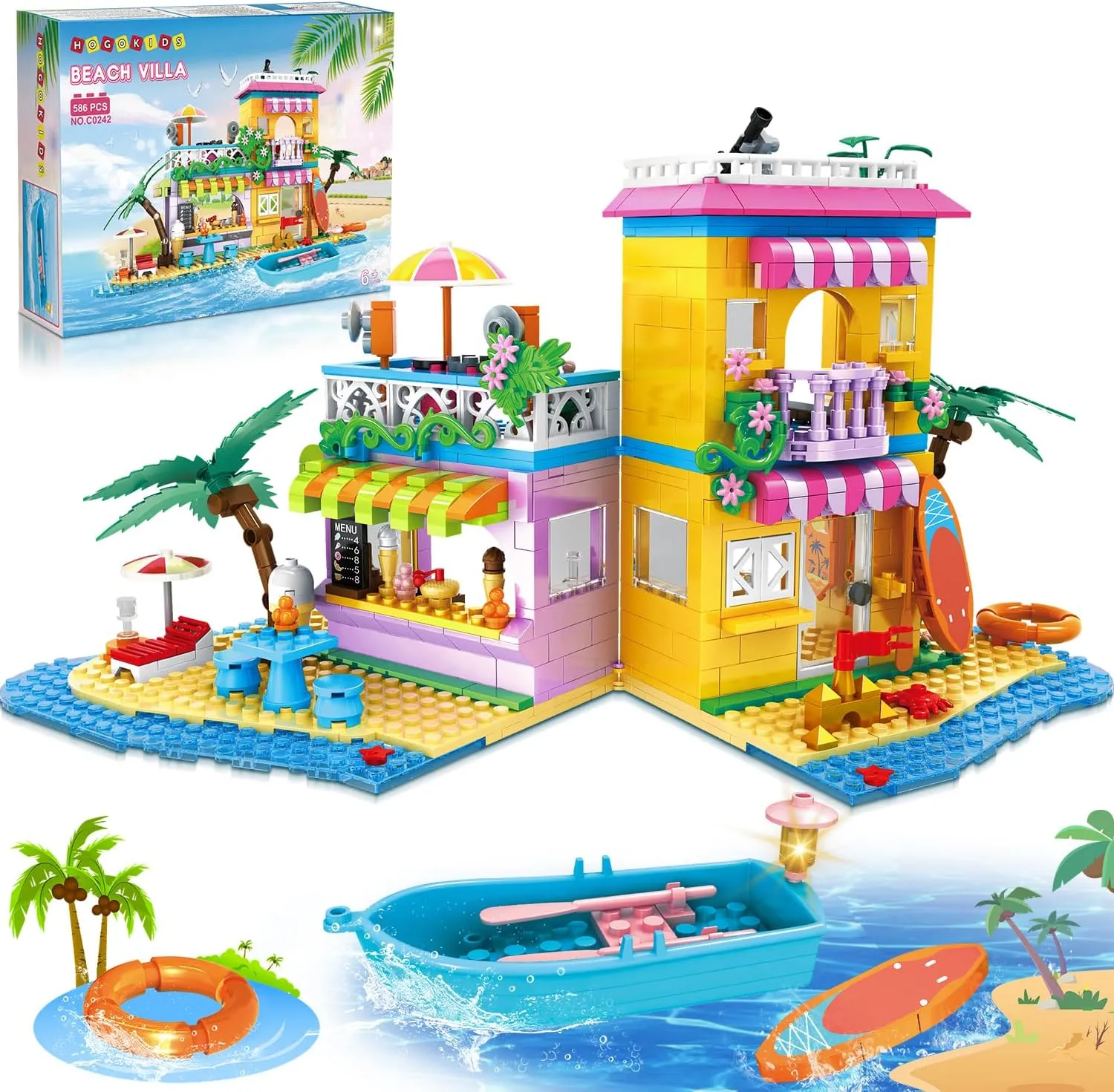 HOGOKIDS Beach House Building Set - Seaside Villa Building Toys Friends Vacation Hut Construction Blocks 586PCS Cottage Playset Birthday for Kids Girls Boys Age 6 7 8 9 10 11 12 Years