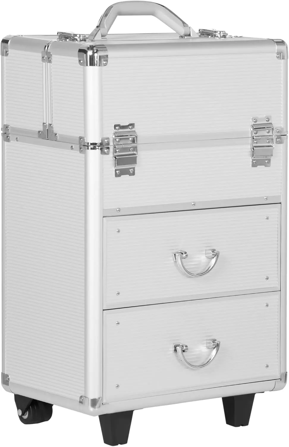 HOMCOM Rolling Makeup Train Case, Lockable Storage Cosmetic Trolley, Large Traveling Cart Trunk with Swivel Wheels, Folding Trays and Keys, Silver