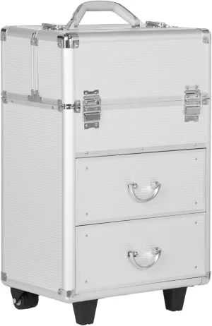 HOMCOM Rolling Makeup Train Case, Lockable Storage Cosmetic Trolley, Large Traveling Cart Trunk with Swivel Wheels, Folding Trays and Keys, Silver