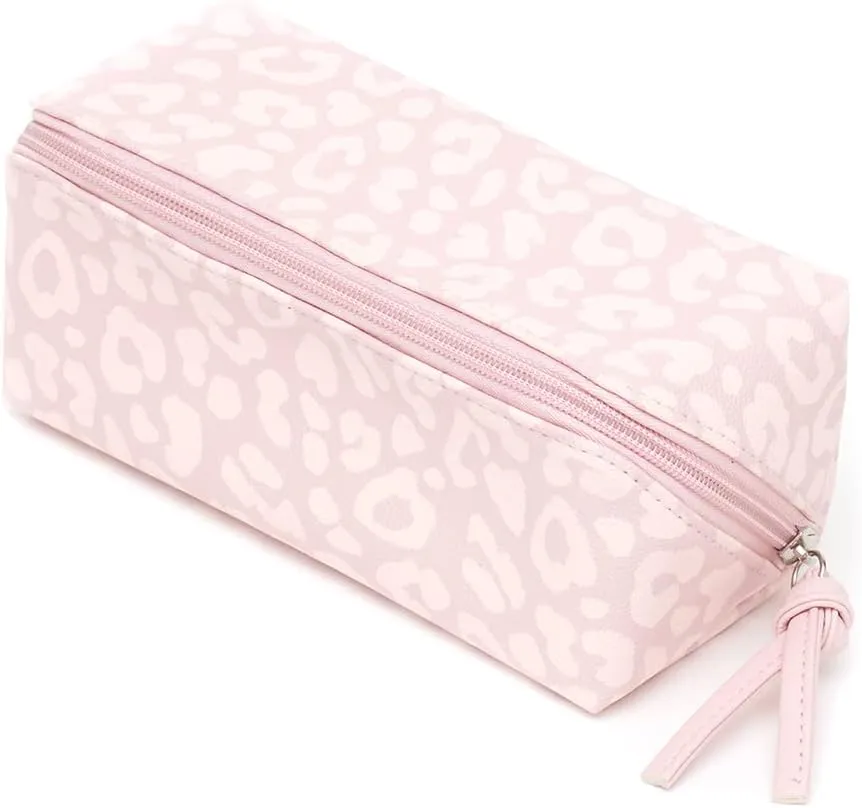 Home Basics Chic Rectangular Pink Leopard Print Travel Cosmetic Makeup Bag with Full Zipper and End Pull Fully Lined Cosmetic Organizer Pouch | Expands Fully