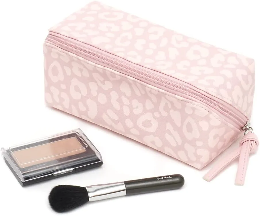 Home Basics Chic Rectangular Pink Leopard Print Travel Cosmetic Makeup Bag with Full Zipper and End Pull Fully Lined Cosmetic Organizer Pouch | Expands Fully