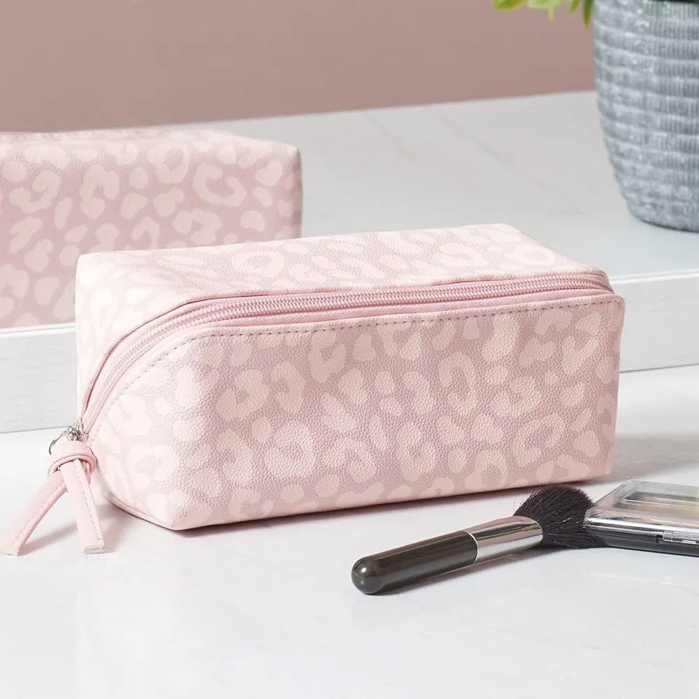 Home Basics Chic Rectangular Pink Leopard Print Travel Cosmetic Makeup Bag with Full Zipper and End Pull Fully Lined Cosmetic Organizer Pouch | Expands Fully