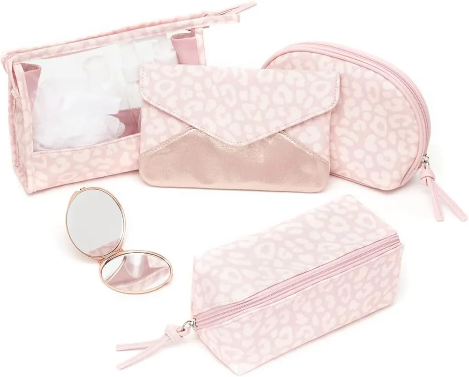 Home Basics Chic Rectangular Pink Leopard Print Travel Cosmetic Makeup Bag with Full Zipper and End Pull Fully Lined Cosmetic Organizer Pouch | Expands Fully