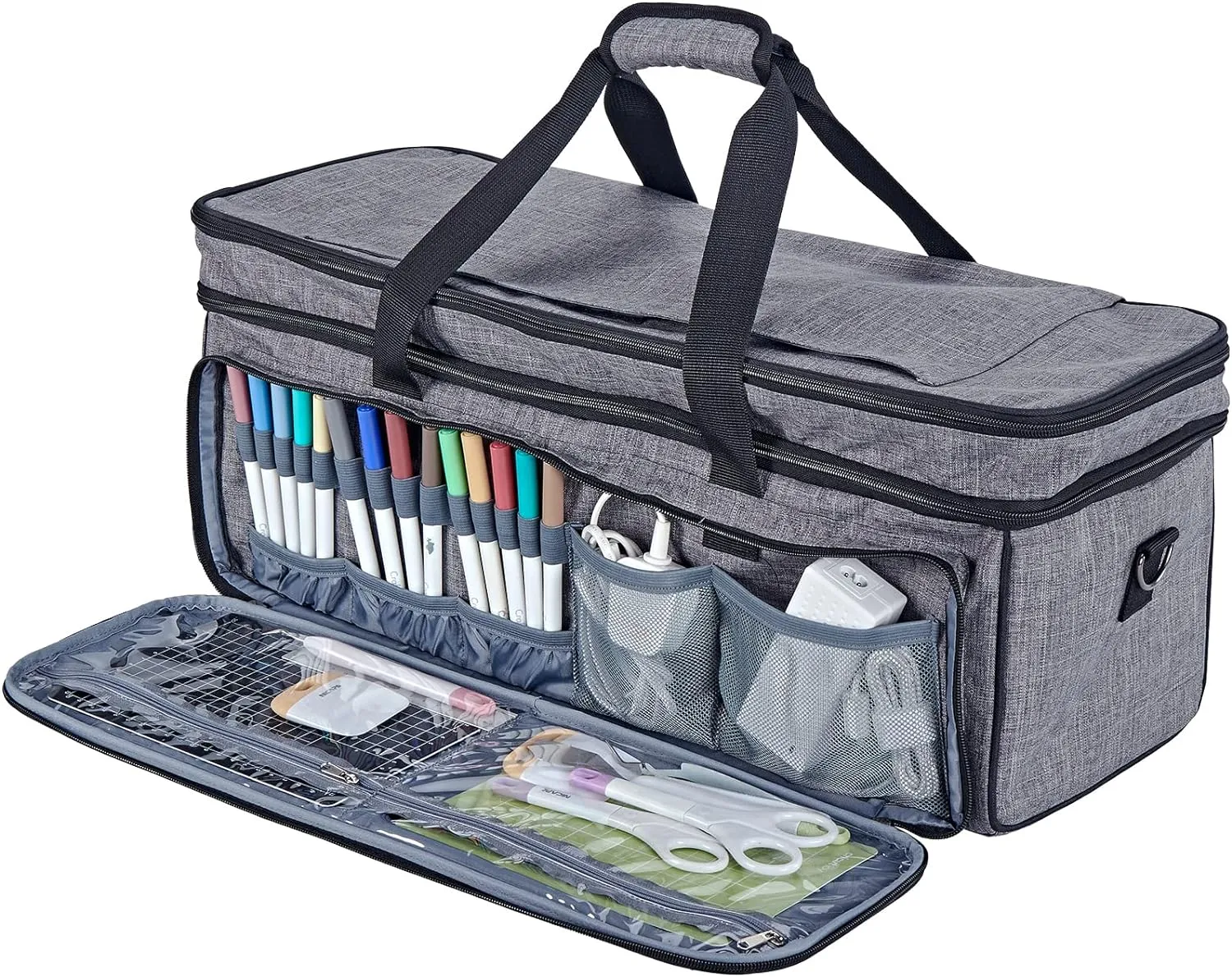 HOMEST Double Layer Carrying Case with Mat Pocket for Cricut Maker 3, Explore 3, Multi Front Pockets for Accessories and Supplies, Grey