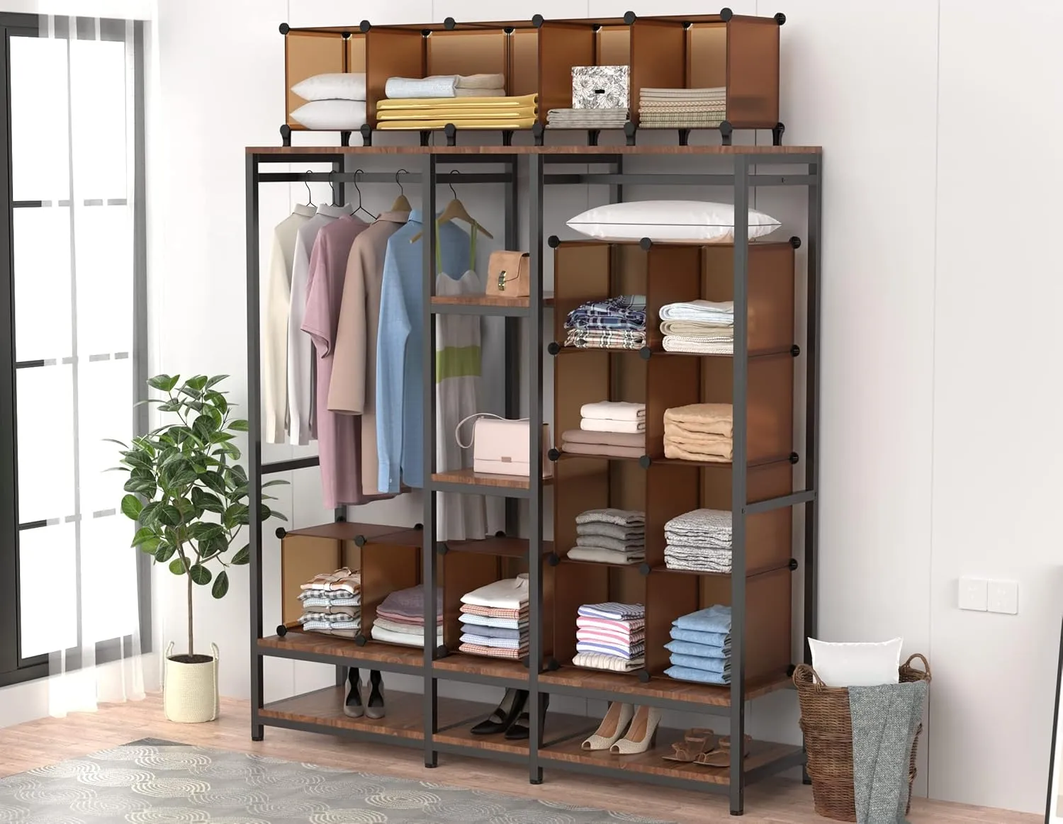 HOMIDEC Cube Storage Organizer 16-Cube Storage Shelf, Closet Organizer for Garment Racks, Closet Organizers and Storage with Metal Hammer, Bookshelf for Kids, (48.4 L x 12.2 W x 48.4 H Inches)